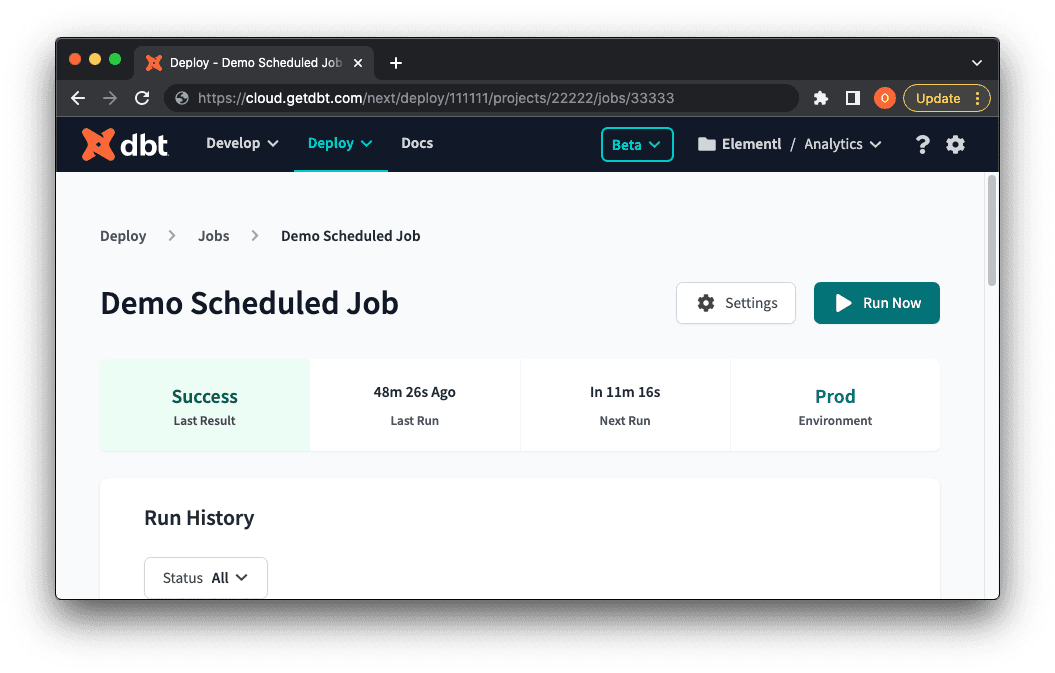 Screenshot of the dbt Cloud console on the job page.